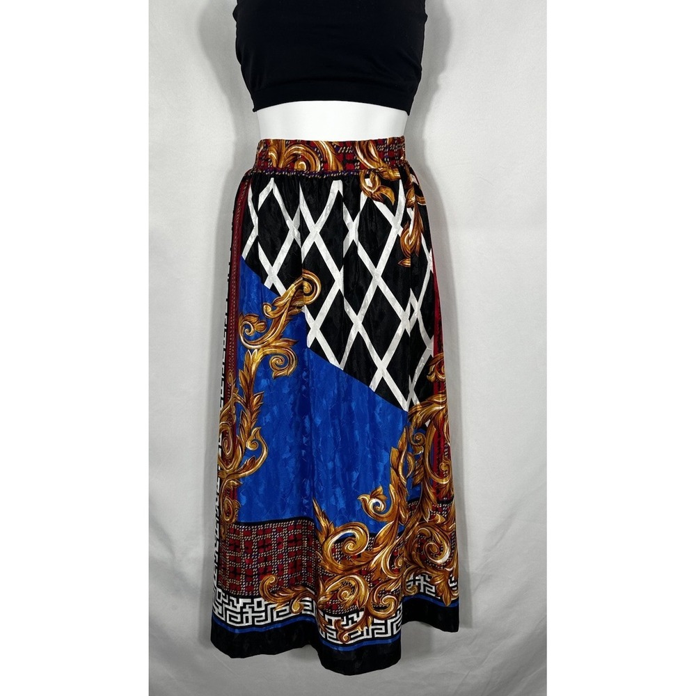 Vintage Satin Ethnic Midi Skirt SZ 8 Folk Equestrian Scarf Print Festival Indie